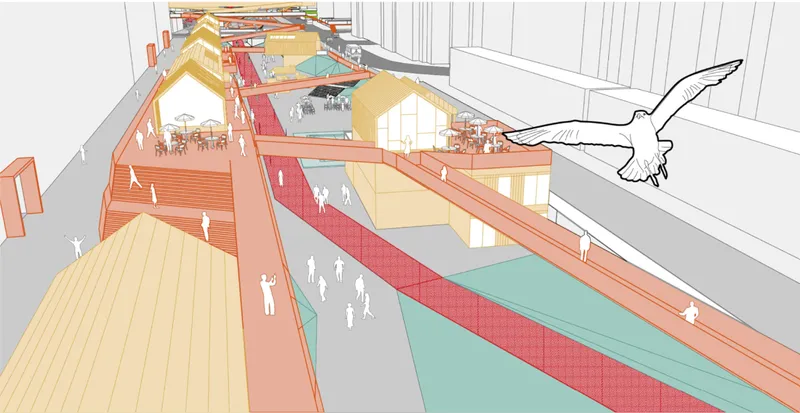 Elevated pedestrian and cycling pathways activating mixed-use public spaces
