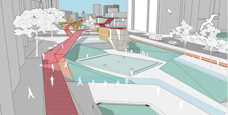 Recreational landscape integrating sports, water features, and social gathering zones
