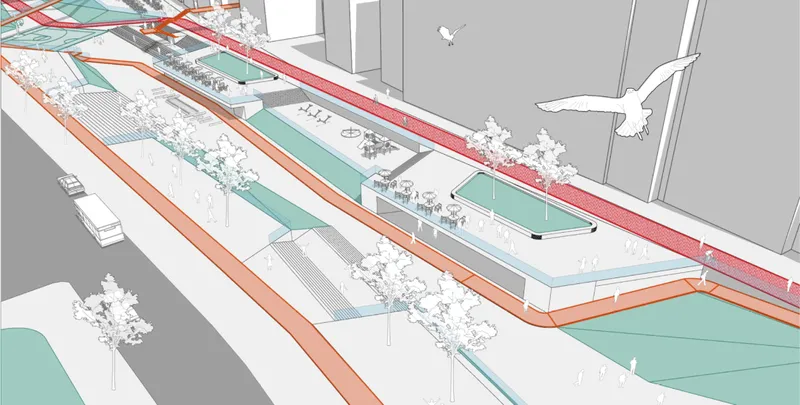 Multi-level public realm combining mobility, leisure, and commercial activity along the reused railway