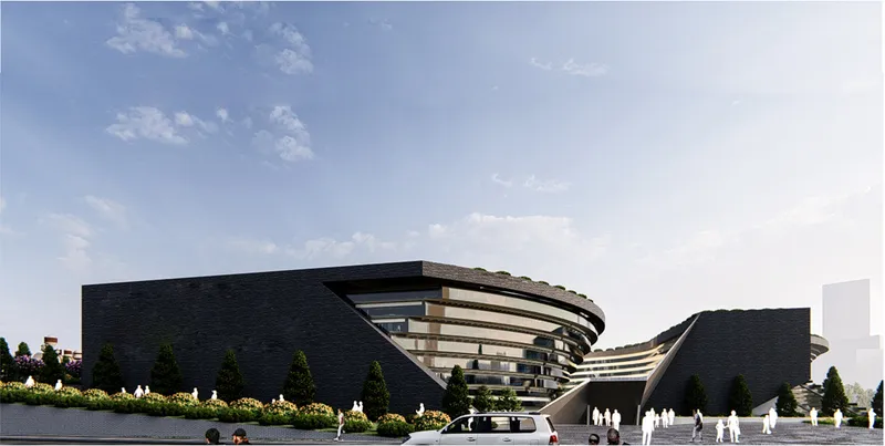 Sculpted volumes define a fluid institutional form, merging solidity with transparency at the urban edge.
