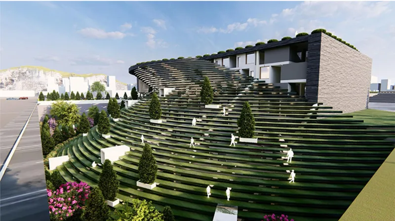 Terraced green roofs transform the building into a walkable landscape, extending learning into nature.