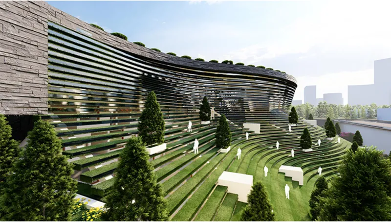Layered facade system filters light while expressing movement and continuity across the structure.
