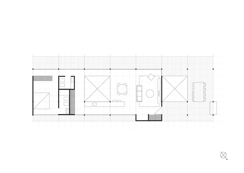 Floor plan drawing showing linear arrangement of rooms with two double-height voids and deck