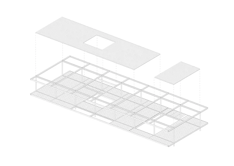 Exploded axonometric drawing showing timber roof structure, framing, and decking layers separated from two volumes