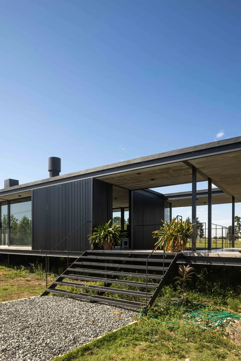 Steel staircase leading to timber-ceilinged deck with corrugated cladding and potted palms