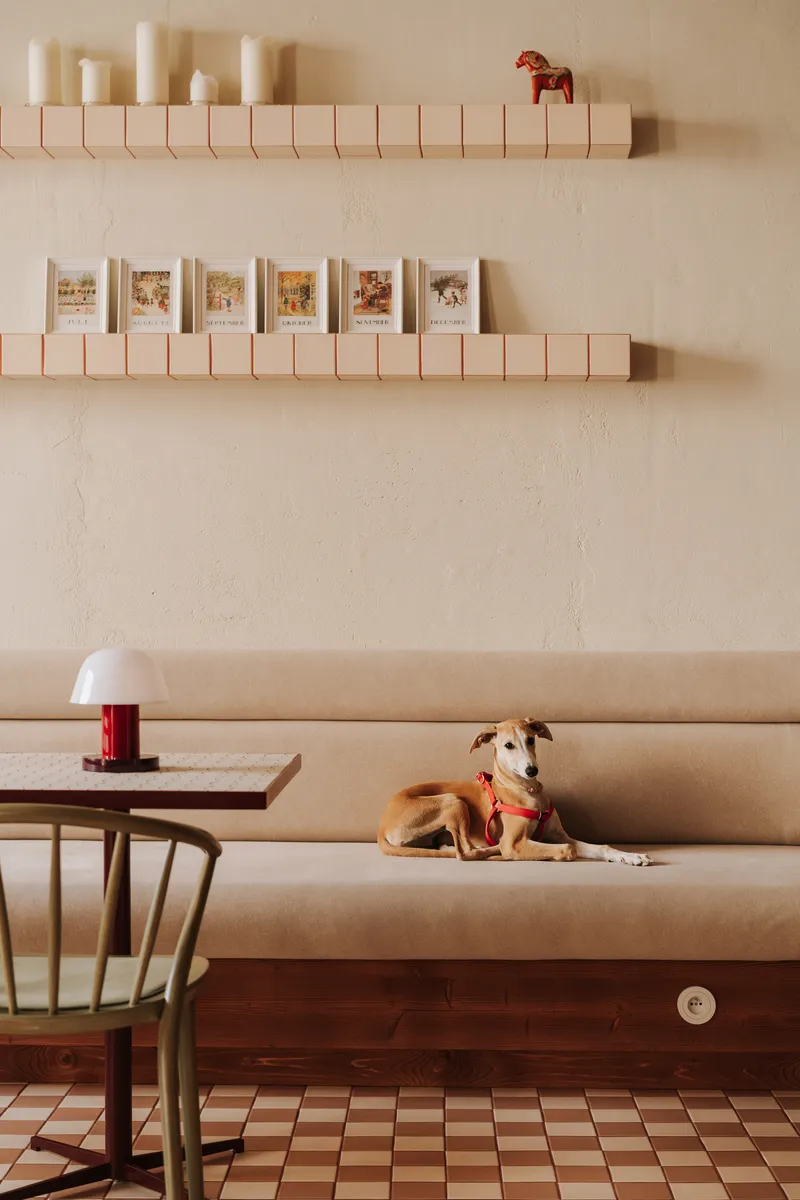 Built-in banquette seating with wood shelves above and a dog resting on the upholstered bench