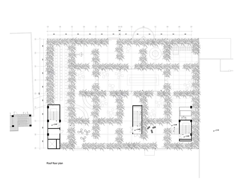 Roof plan drawing showing planted terrace areas with tree symbols surrounding central open zones
