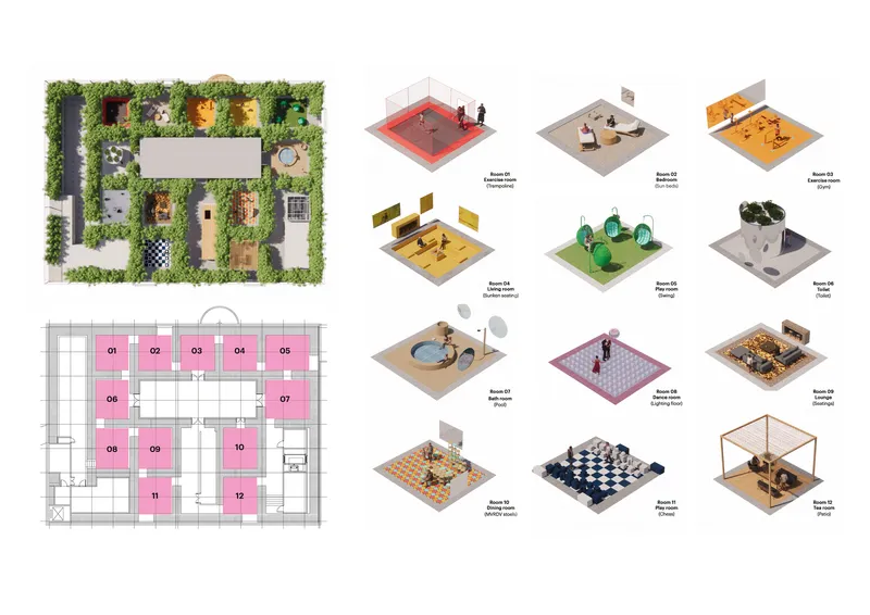 Floor plan and rooftop garden layout with axonometric vignettes showing individual room programs and material treatments