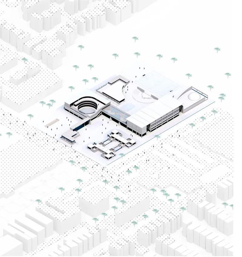 Axonometric site view showcasing the interconnected spatial organization of the modern educational campus.