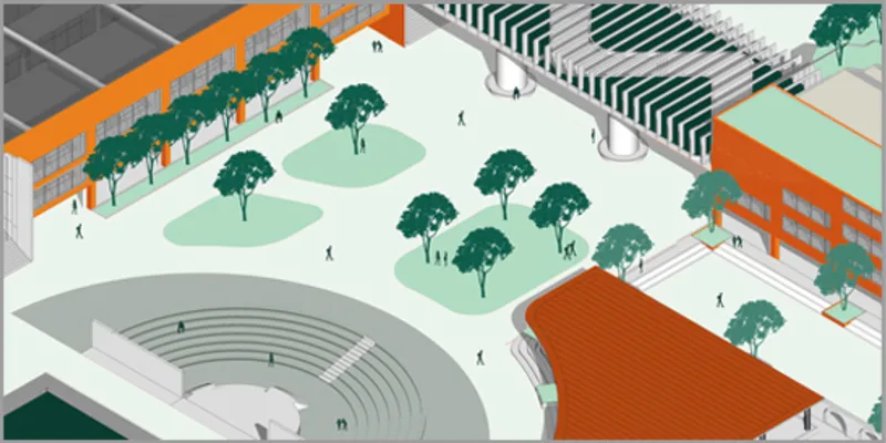 Central open courtyards and amphitheaters promote social interaction within the contemporary school campus.