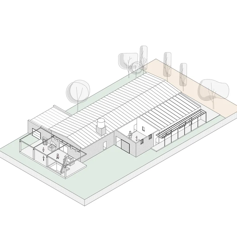 Axonometric drawing showing the linear volumes under corrugated roofs with interior rooms and surrounding trees