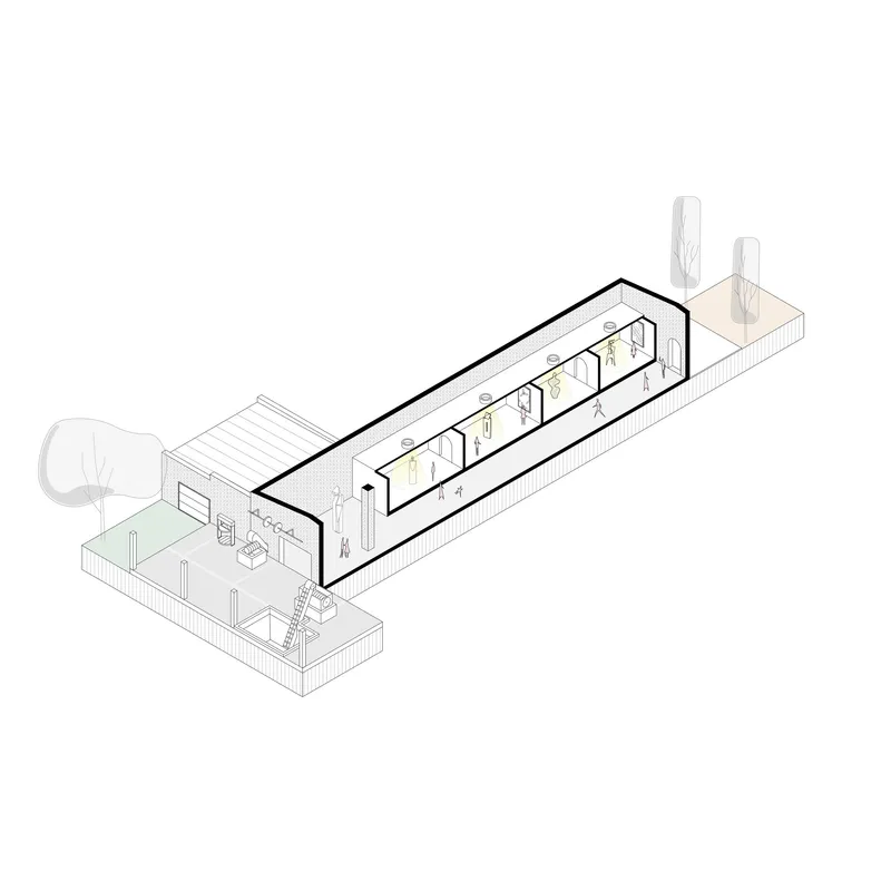 Axonometric section drawing showing the elongated circulation spine connecting a series of rooms under the sloped roof