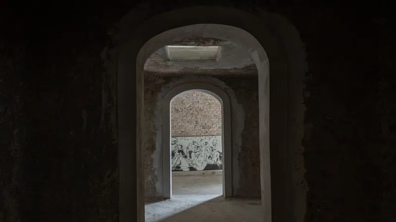 Sequence of arched brick doorways leading through dimly lit vaulted interior spaces