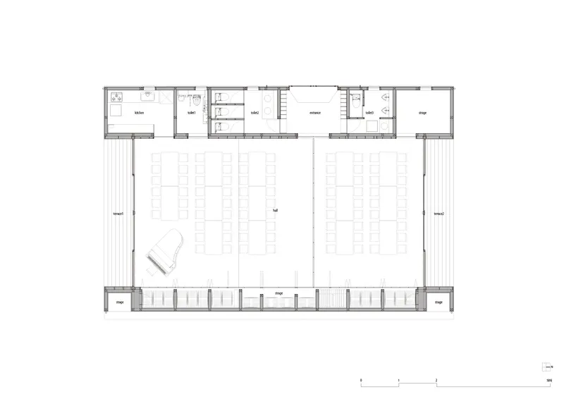 Floor plan drawing showing two large halls with rows of seating and service rooms along the upper edge