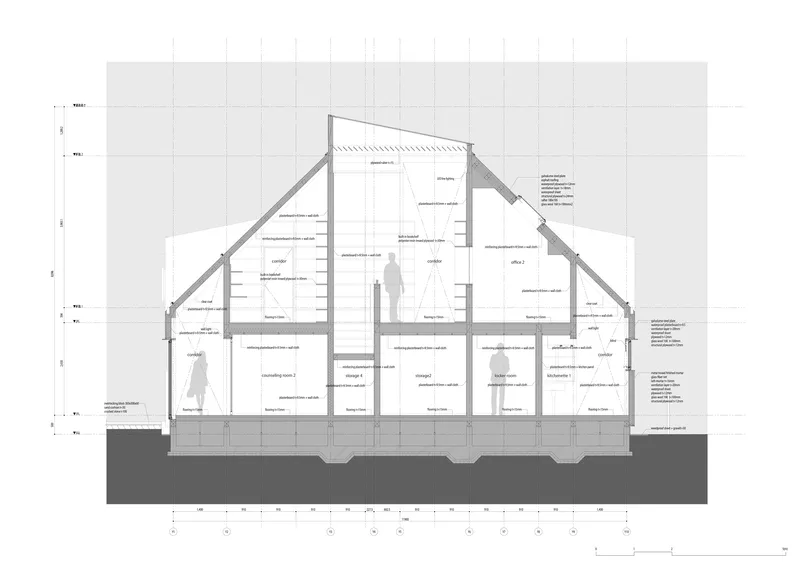 Section drawing through a pitched-roof volume showing interior spaces with human figures and material annotations
