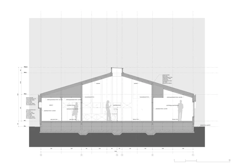 Section drawing revealing the sloped roof structure over open interior spaces with standing figures below