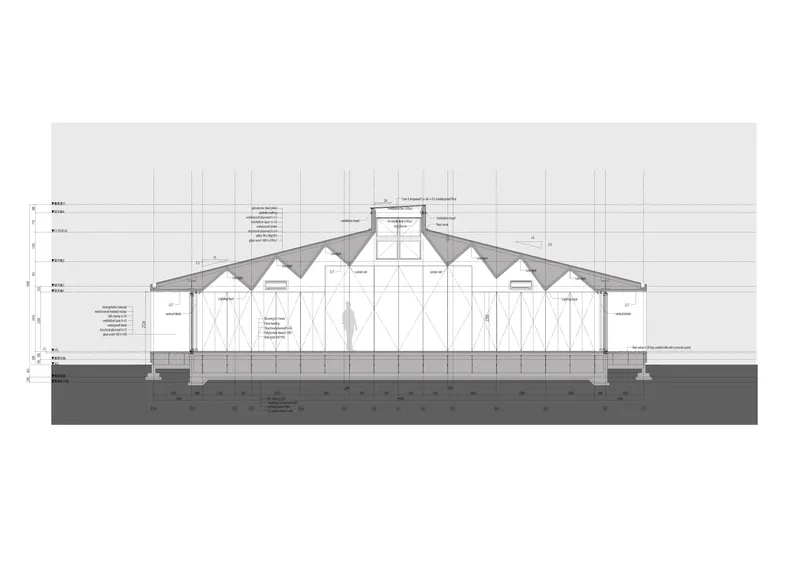 Section drawing showing the sawtooth roof profile spanning a large hall with structural grid and annotations