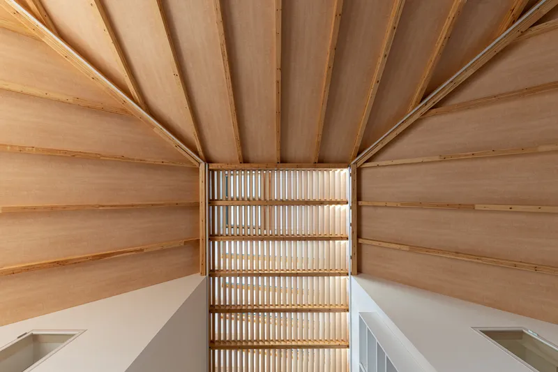 Looking up at the vaulted ceiling with converging plywood ribs and a vertical timber louvered screen