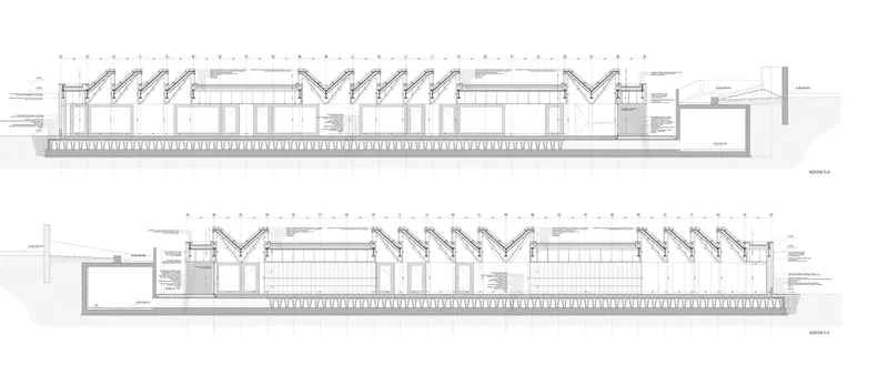 Section drawings showing sawtooth roof profile with angled skylights above interior volumes