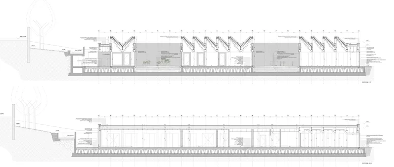 Section drawings revealing interior spatial organization beneath the zigzag roof structure