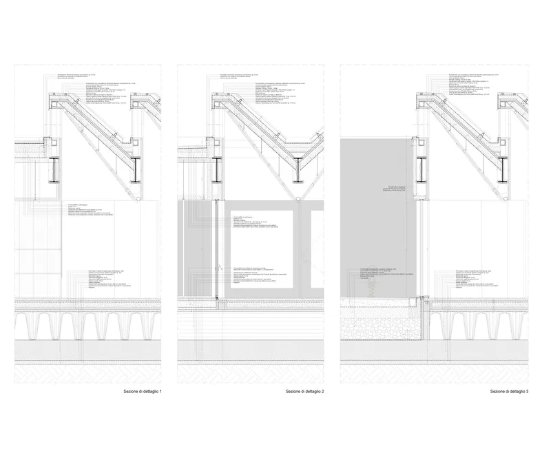 Detail section drawings of three roof assembly conditions with skylight and structural connections