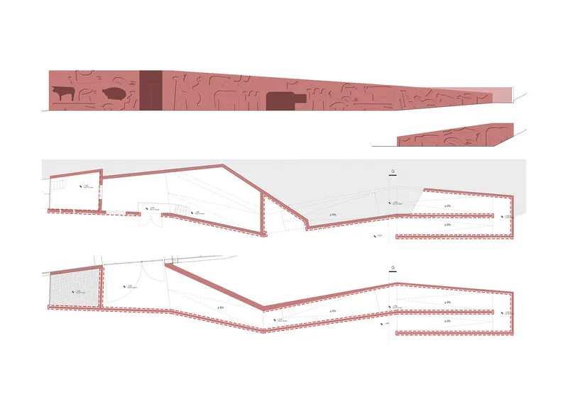 Elevation and floor plan drawings showing the angled linear form with patterned surfaces in terracotta tones