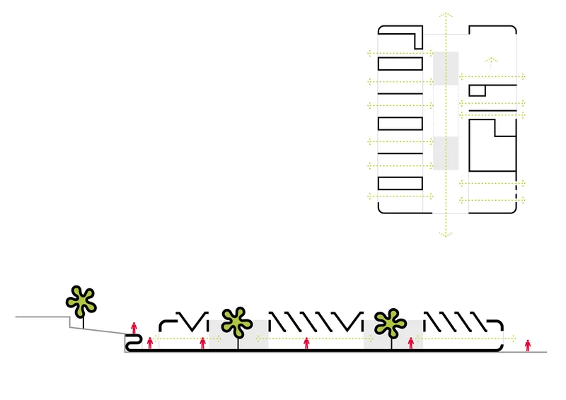 Section drawing showing natural ventilation flow through planted roof openings with trees