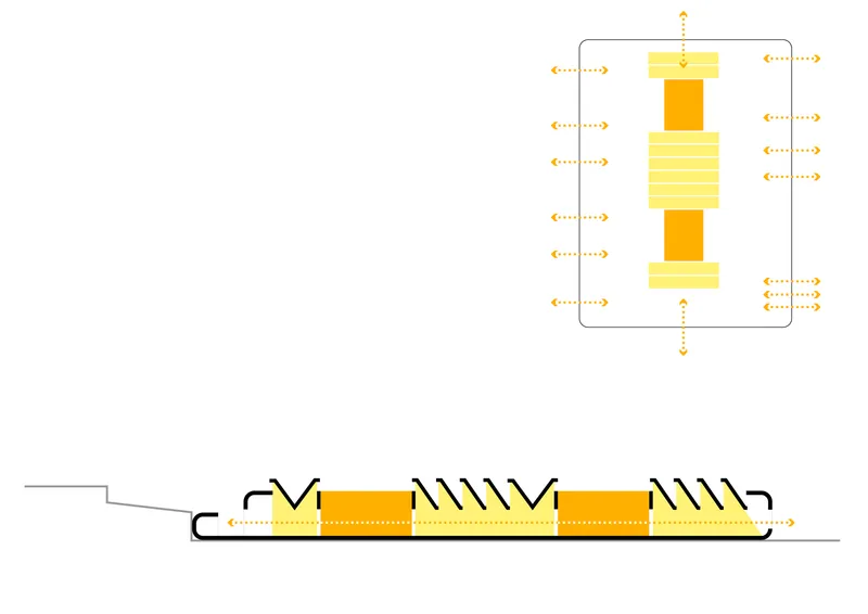 Section and detail drawing depicting thermal stack ventilation through vertical shaft with yellow insulation layers
