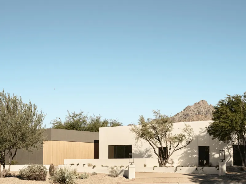 Street view of the white stucco and vertical timber facade with desert planting and rocky mountain backdrop