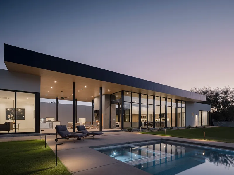 Rear facade with gridded glazing and cantilevered roof above pool and lawn at twilight