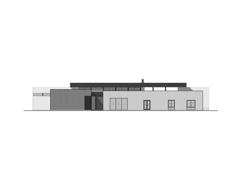 Elevation drawing depicting a low horizontal volume with flat roof and glazed openings along facade
