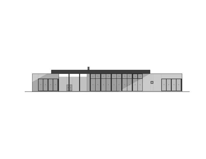 Elevation drawing showing a long horizontal composition with central clerestory and symmetrical window placement