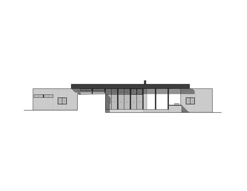 Elevation drawing illustrating cantilevered roof planes and recessed glazed entry at center