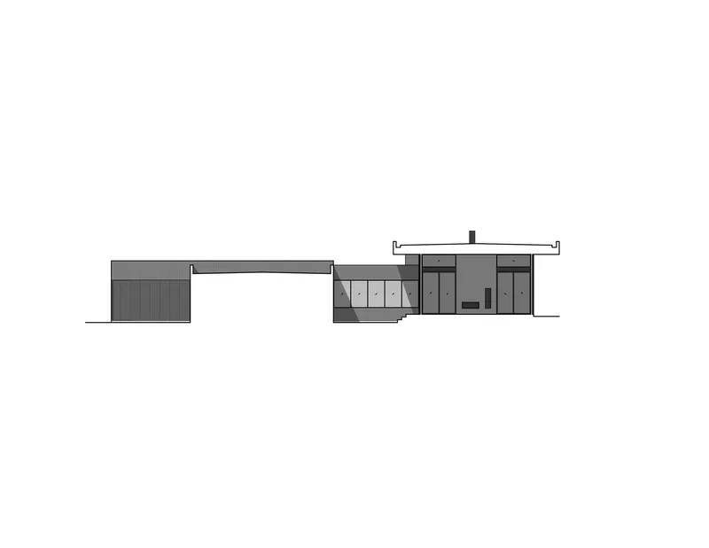 Elevation drawing featuring a bridging volume connecting detached garage to main residence under wide eaves