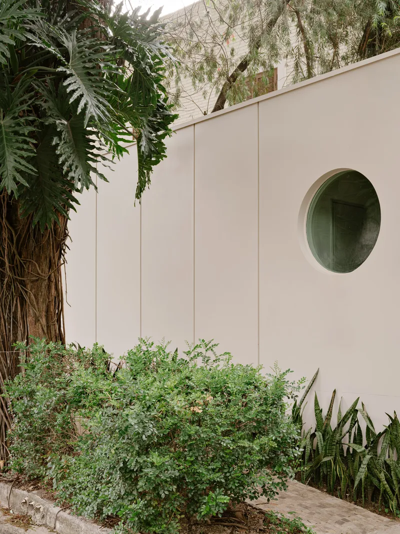 Pale plaster courtyard wall with circular opening framed by tropical plants and overhanging foliage