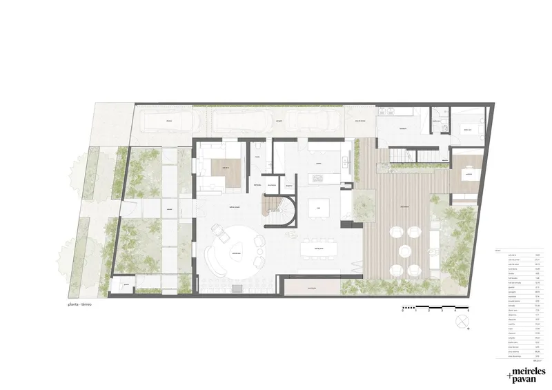 Ground floor plan drawing showing living spaces organized around a curved central stair with planted courtyards