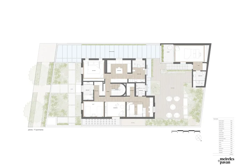 First floor plan drawing showing bedroom suites and circulation spaces arranged around the spiral stair