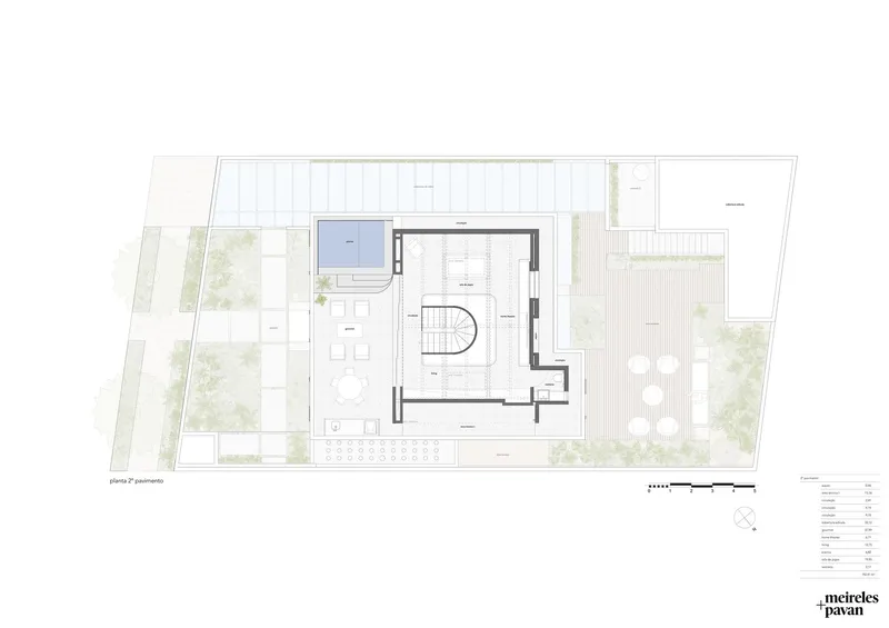 Second floor plan drawing showing the upper level with a double-height volume and rooftop terrace