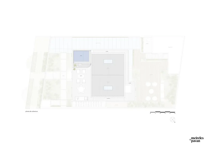 Roof plan drawing showing the flat roof with planted courtyards and terrace openings