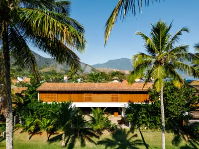 This architectural image showcases a modern tropical house nestled amidst lush greenery and palm tre