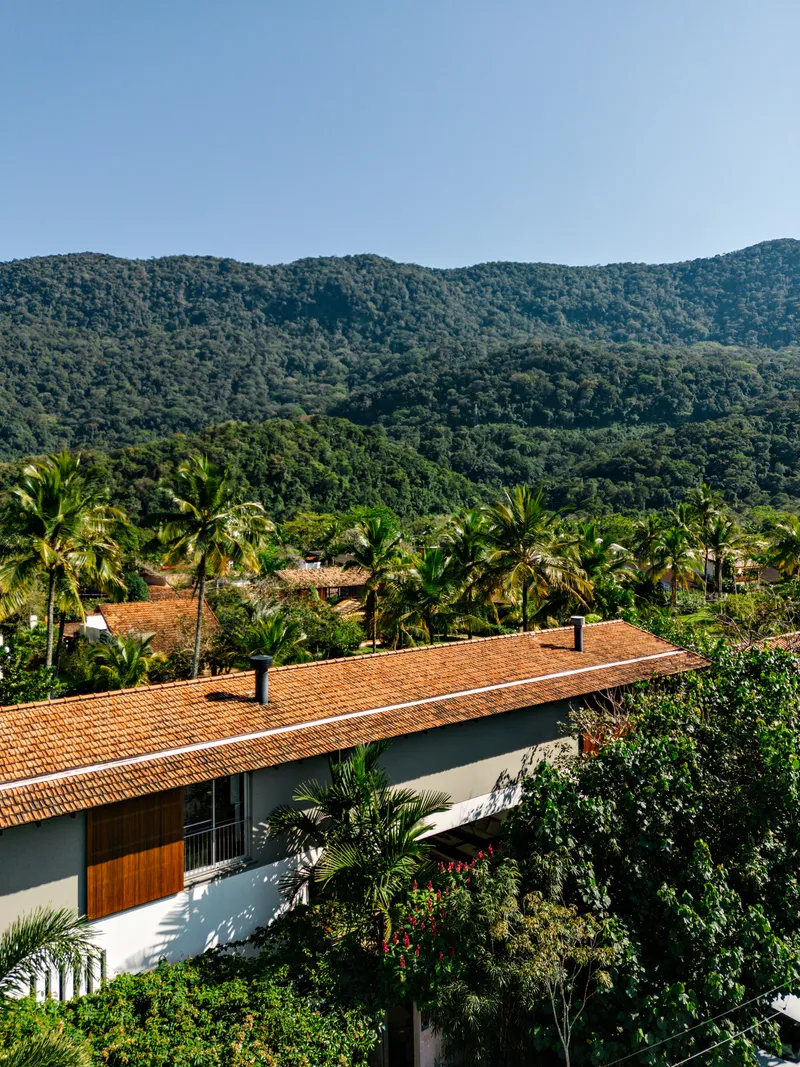 Elevated view of the terracotta tiled roof set among palm trees and forested mountains