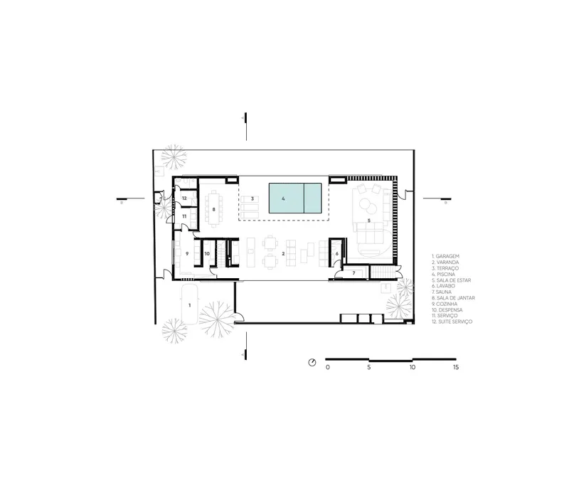 Floor plan drawing showing rectangular layout with central pool, living spaces, and surrounding garden
