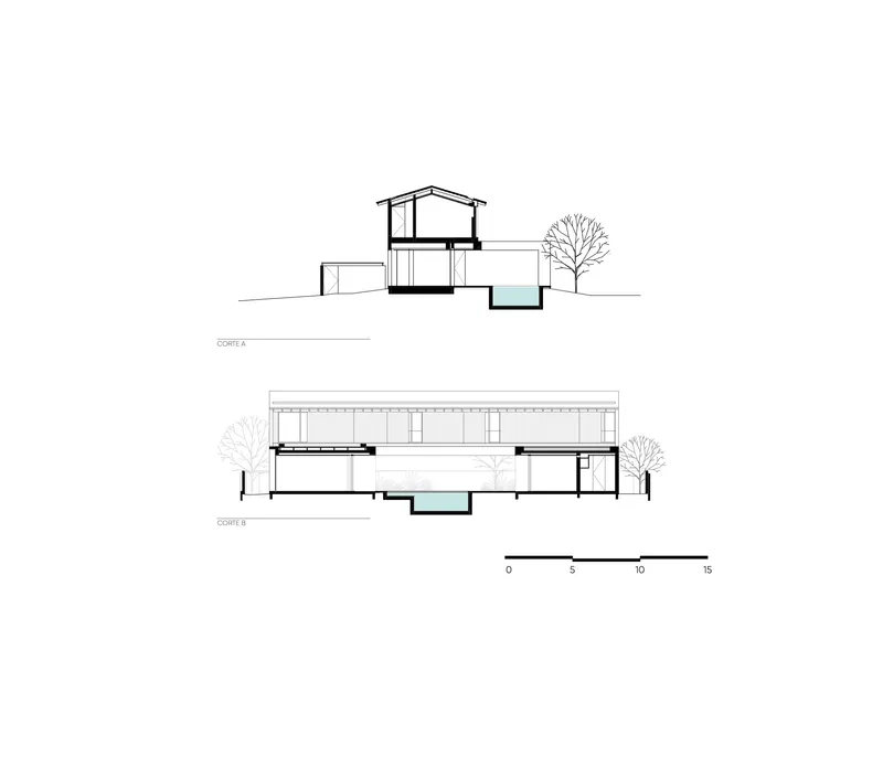 Section drawings revealing the two-level volume with a pool and trees flanking the structure