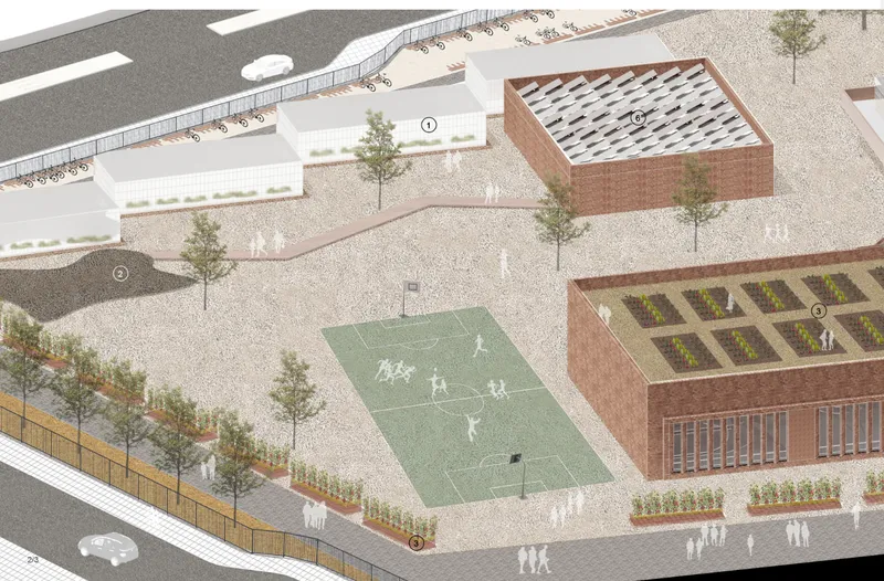 Productive landscapes and open recreation areas merge to create a school campus rooted in sustainability and community learning.