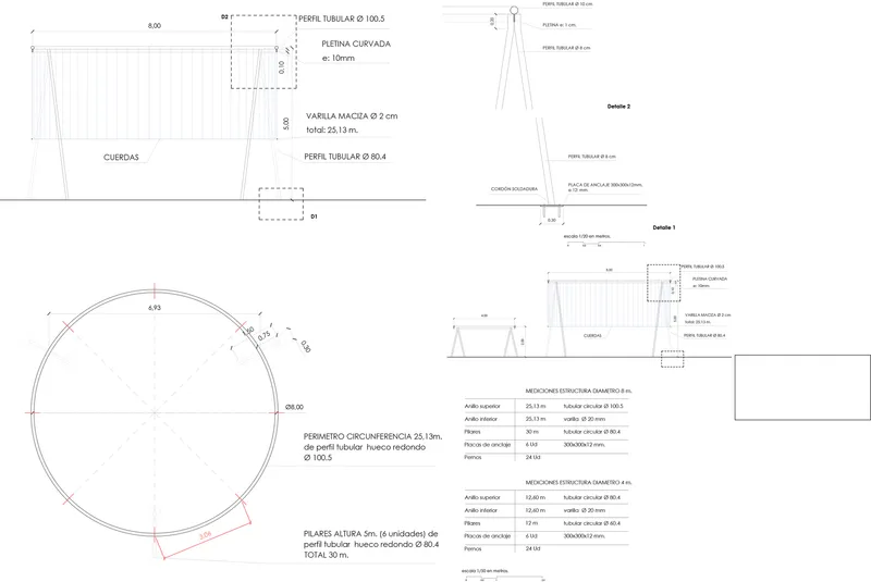 Technical drawing showing plan and section details of circular timber assembly with structural dimensions