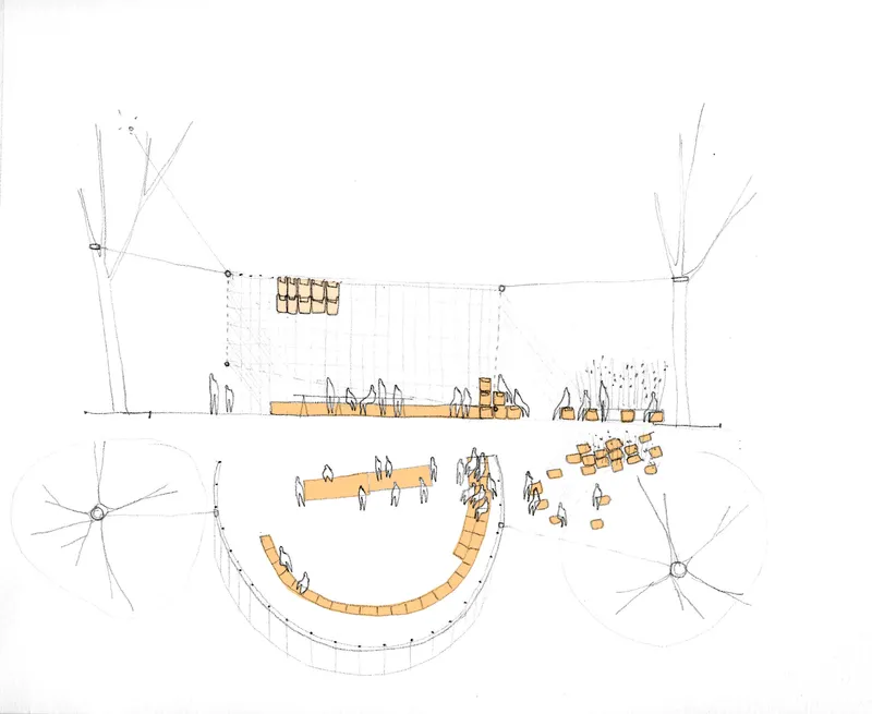 Sketch showing plan and section views of curved seating arrangement with figures and overhead canopy