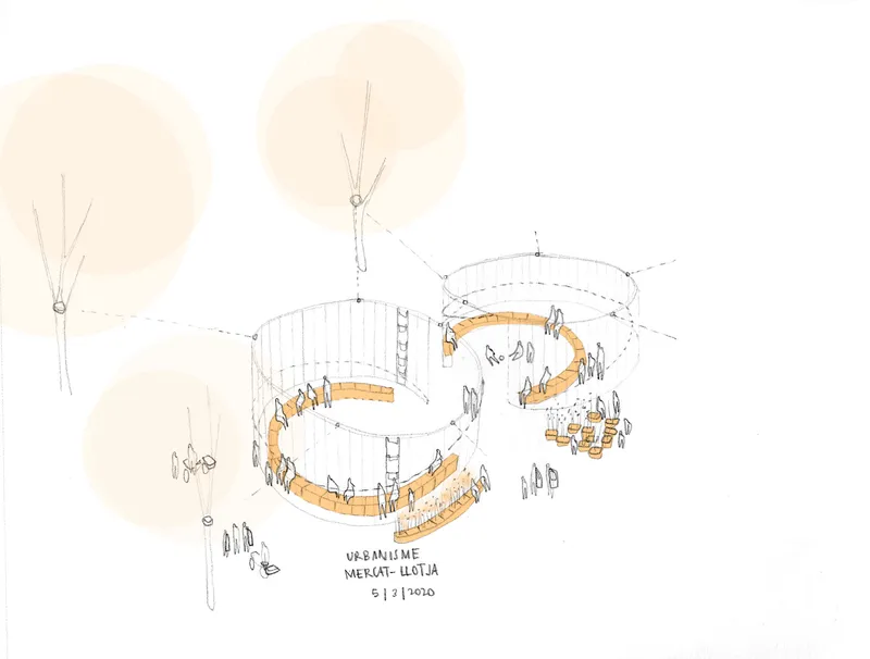 Isometric sketch of spiral timber seating platforms with figures and trees in loose watercolor rendering