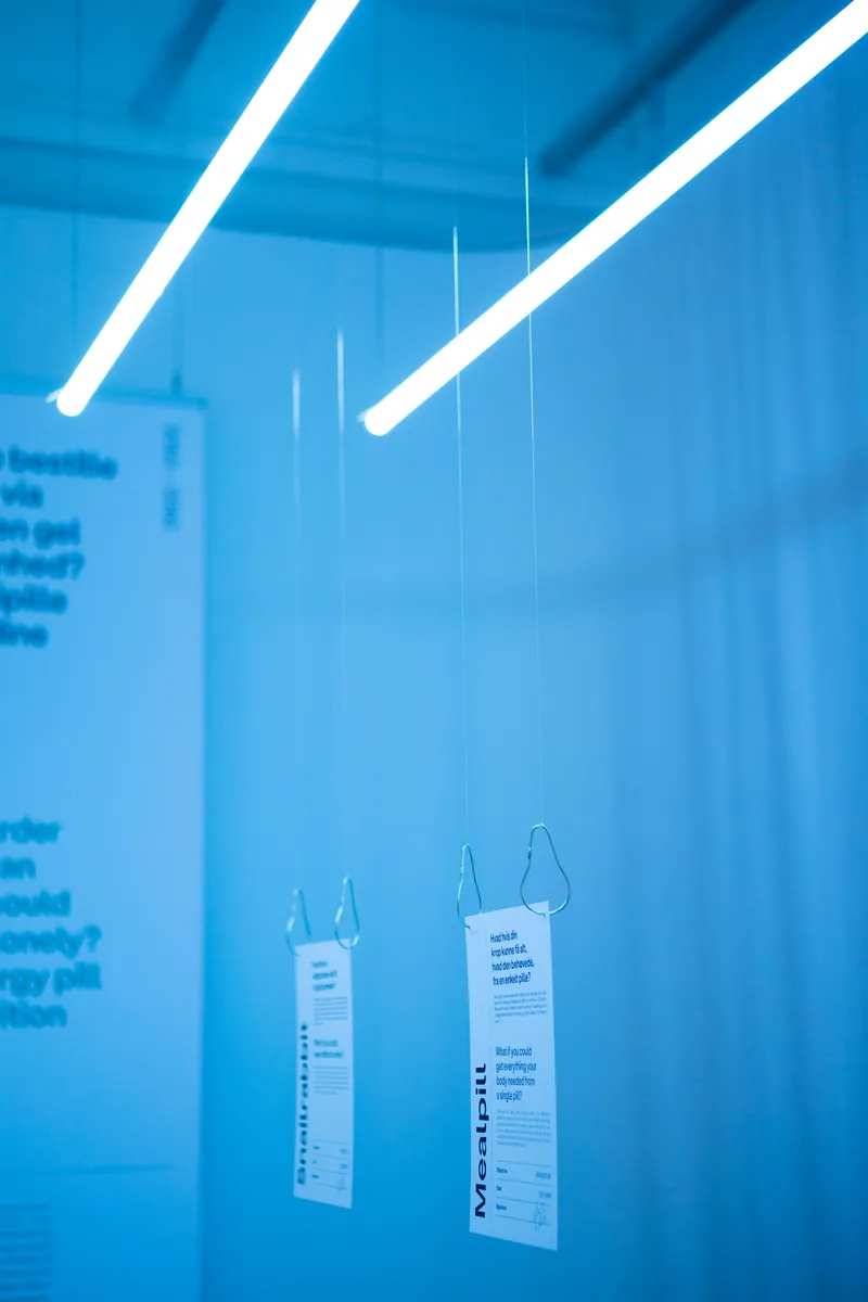 Linear pendant light fixtures suspended above translucent curtains with text and hanging information tags