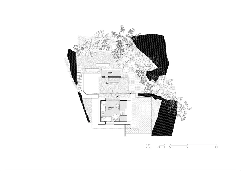 Floor plan drawing showing upper level bedroom wing with pool and surrounding vegetation