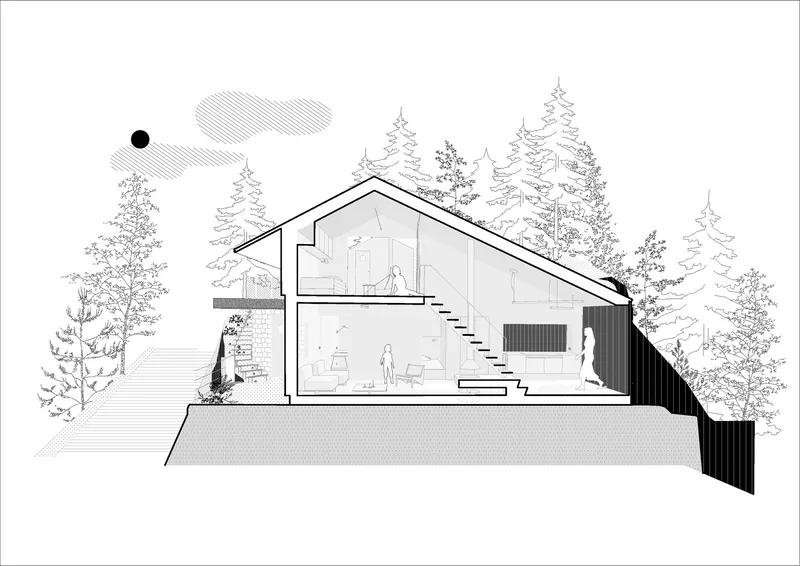 Section drawing showing sloped roof over double-height interior with staircase and surrounding conifers